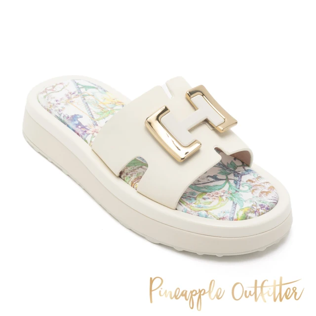 【Pineapple Outfitter】REIJO真皮金屬釦印花厚底拖鞋(白色)