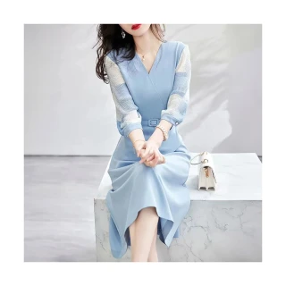 【MsMore】印花壓皺雪紡拼接V領收腰七分袖連身裙長款洋裝#121150(卡其/天空藍)