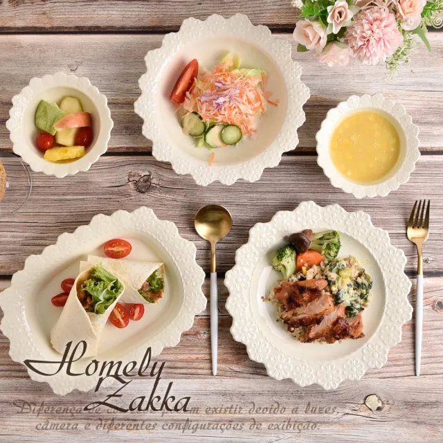 【Homely Zakka】法式浪漫花邊浮雕陶瓷餐盤碗餐具_圓形淺盤(湯盤 餐具 餐盤 盤子 器皿 碗盤)