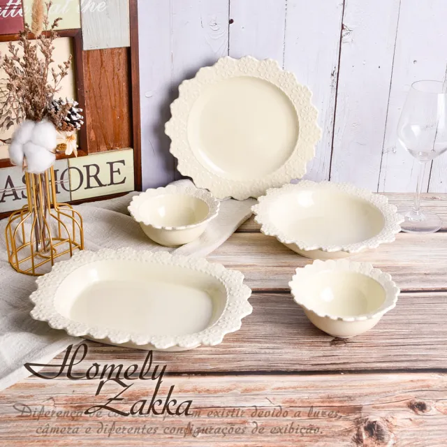 【Homely Zakka】MOMO獨家組合 法式浪漫花邊浮雕陶瓷餐盤碗餐具_5件組(湯盤 餐具 餐盤 盤子 器皿 碗盤)