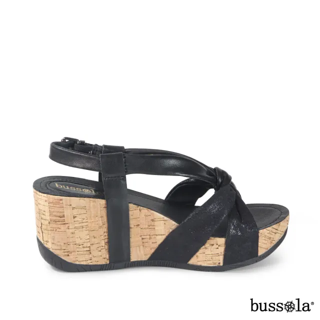 【bussola】Formentera 璀璨晶瑩撞色扭結楔型涼鞋(霧黑)