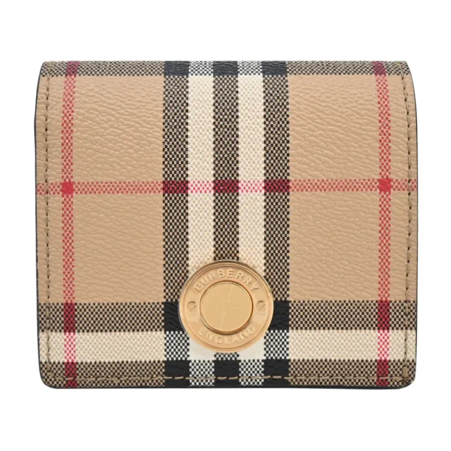 【BURBERRY 巴寶莉】浮雕LOGO LOGO格紋皮革對開短夾(卡其)