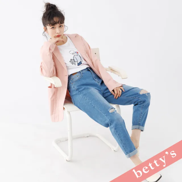 【betty’s 貝蒂思】腰鬆緊個性破洞直筒牛仔褲(淺藍色)