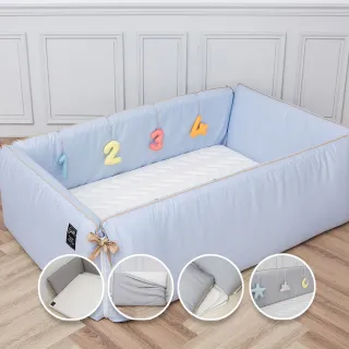 【gunite】多功能落地式防摔沙發嬰兒床/陪睡床0-6歲四件組 床墊+床圍+止滑墊+床邊吊飾(丹麥藍)