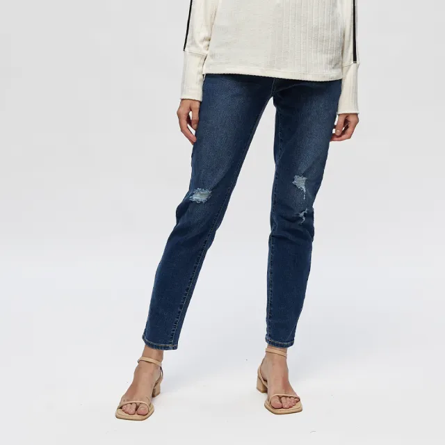 【NAUTICA】女裝 百搭休閒COOL MAX刷破牛仔褲(深藍)