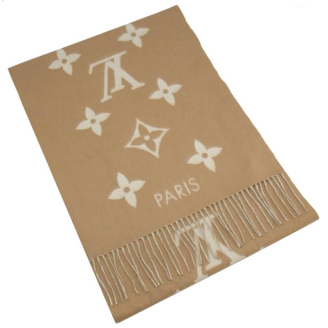 LV 路易威登 M76067 Reykjavik 系列 Monogram 織花咖啡色雙面針織圍巾，採用高階喀什米爾羊毛製成，柔軟保暖。全長約191公分，寬46公分，流蘇長度10公分，搭配原廠包裝盒，展現優雅時尚風格，適合女性日常佩戴。