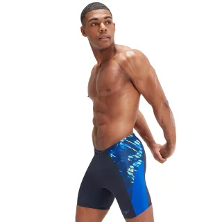 【SPEEDO】男 運動加長四角壓縮泳褲 END+ MAX(黑/線條藍)