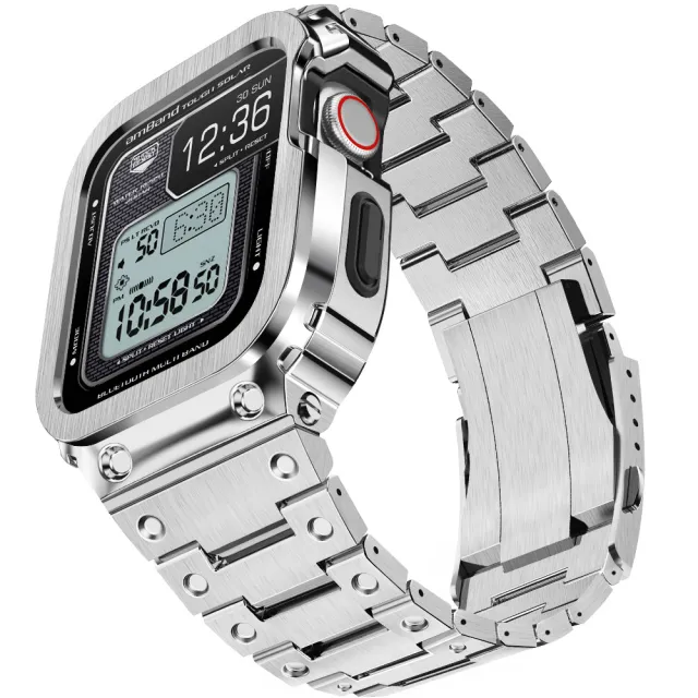 【Amband】Apple Watch 專用保護殼 銀色軍規級全不鏽鋼殼帶(45mm - Apple Watch 8 / 7)