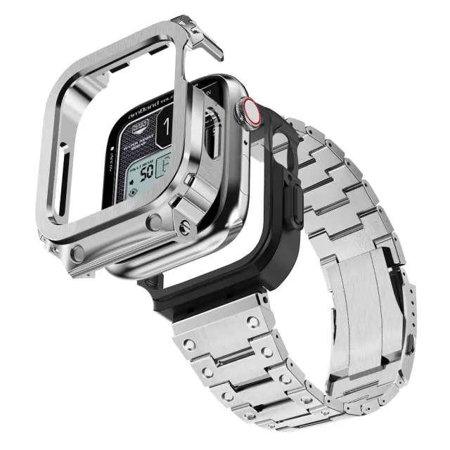 【Amband】Apple Watch 專用保護殼 銀色軍規級全不鏽鋼殼帶(45mm - Apple Watch 8 / 7)