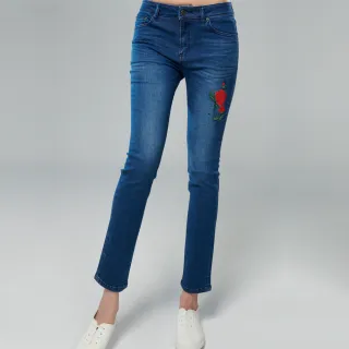 【BOBSON】女款高腰繡花鑽飾小直筒褲(8193-53)