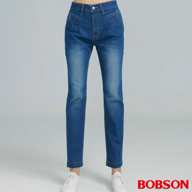 【BOBSON】女款打摺彈性小直筒褲(8232-53)