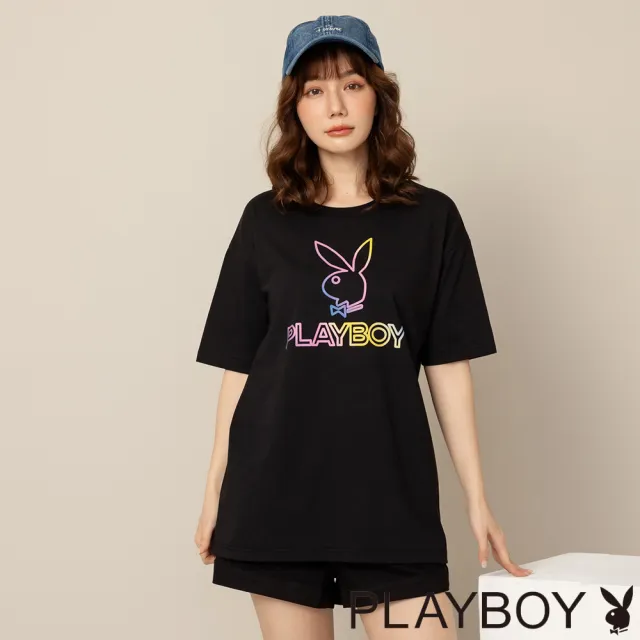 【PLAYBOY】前後字母個性印刷長上衣(黑色)