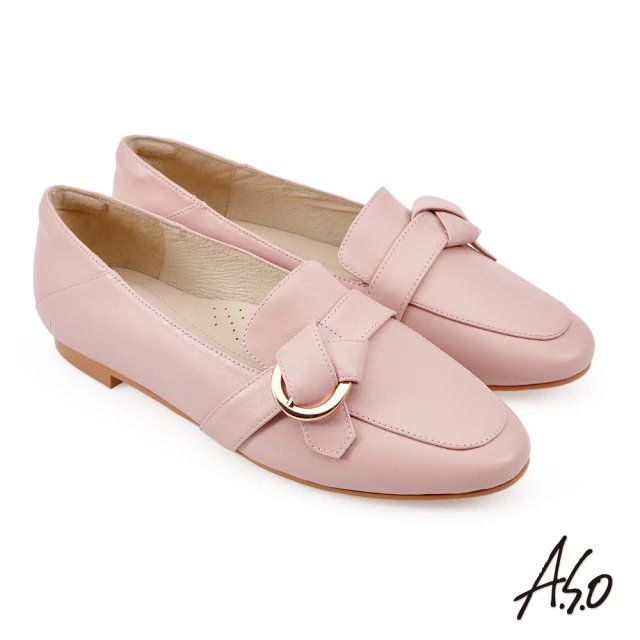 【A.S.O 阿瘦集團】A.S.O 健步窩心交叉飾釦牛皮樂福鞋(粉紅)