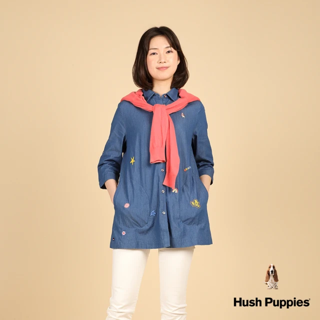 【Hush Puppies】女裝 襯衫 趣味繡花牛仔七分袖長版襯衫(中藍 / 43212109)