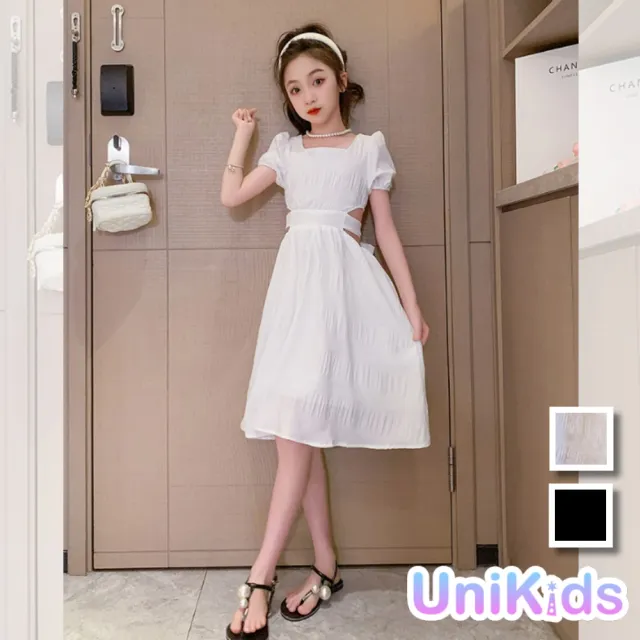 【UniKids】中大童裝短袖洋裝 露腰小心機連身裙 女大童裝 CVML0111(黑 白)