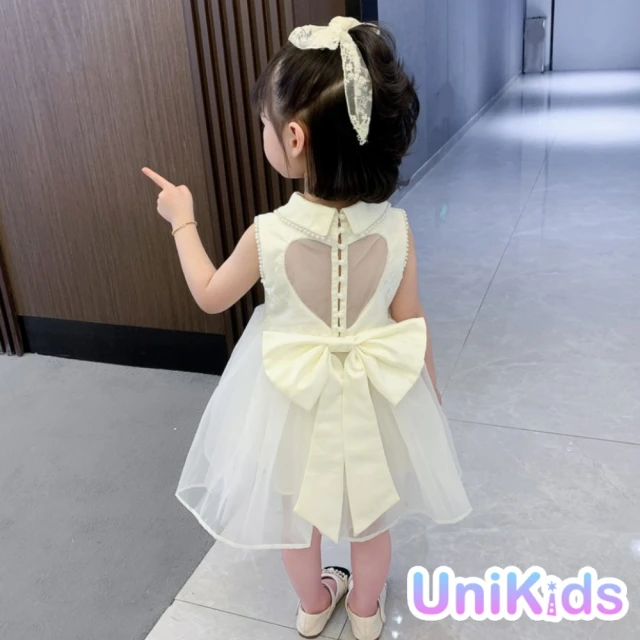 【UniKids】中大童裝無袖禮服 愛心露背珍珠洋裝公主服 女大童裝 CV愛心露背(乳白)