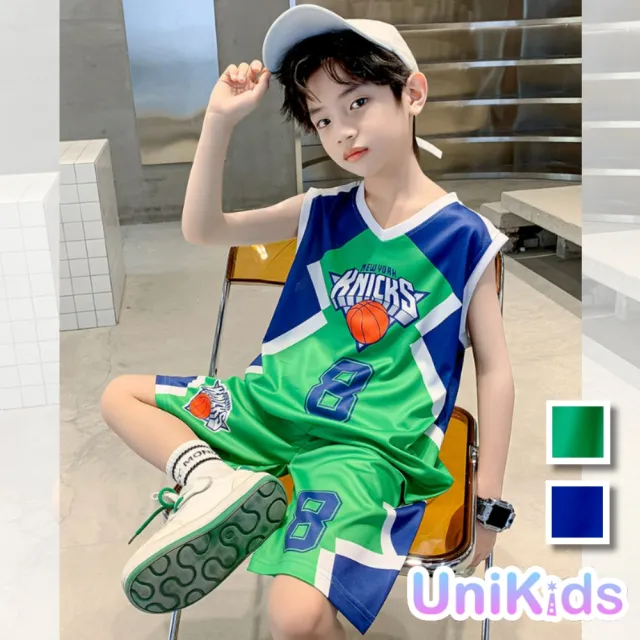 【UniKids】中大童裝2件套速乾籃球服無袖背心運動五分褲 男大童裝 VP2422118(綠 藍)