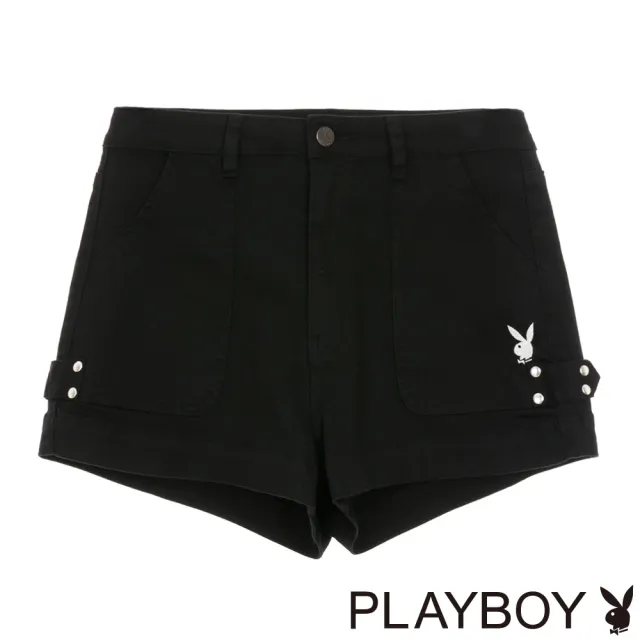 【PLAYBOY】休閒壓線拚帶寬口短褲(黑色)