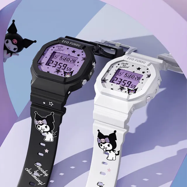 【SANRIO 三麗鷗】酷洛米塗鴉小方塊運動防水電子錶(兒童 學生 手錶)