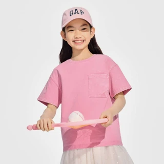 【GAP】女童裝 Logo印花圓領短袖T恤 復古水洗 厚磅密織水洗棉系列-粉色(429233)