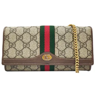 【GUCCI 古馳】546592 經典Ophidia帆布WOC印花綠紅綠織帶皮革飾邊暗釦肩背/手拿長夾(棕色)