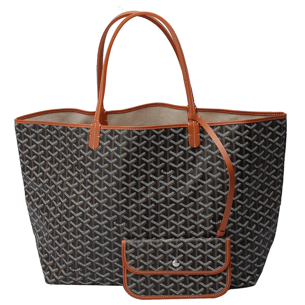 【GOYARD 高雅德】經典St. Louis PM滾邊防水帆布LOGO購物包(中-黑X棕-附收納袋AMALOUIS-PM03-BLK)