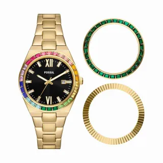 【FOSSIL 官方旗艦館】Scarlette 百變女爵多錶圈限量禮盒組 金色不鏽鋼錶帶指針手錶 36MM ES5311SET