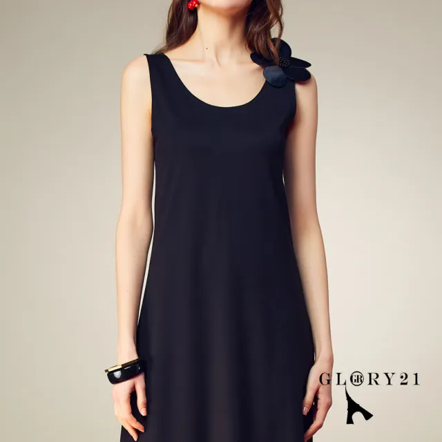 【GLORY21】速達-網路獨賣款-V領氣質長版洋裝(黑色)