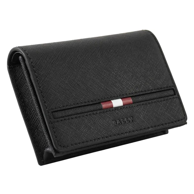 【BALLY】簡約紅白紅條紋防刮牛皮信用卡名片收納包(黑)