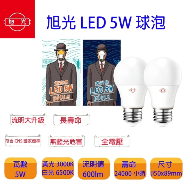 旭光 LED E27 5W 全電壓 球泡 白光 黃光(一組5入)