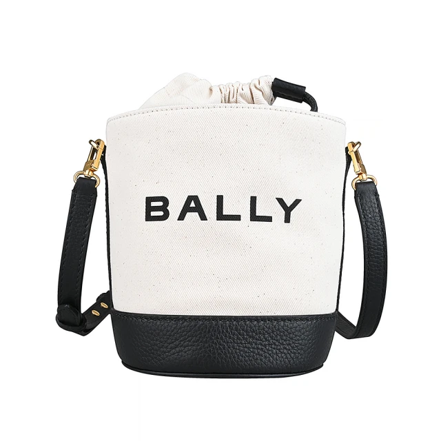 BALLY Bar經典字母LOGO帆布拼接牛皮斜背水桶包(迷你/白x黑)