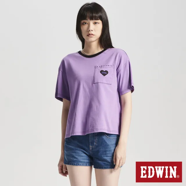 【EDWIN】女裝 TY2K愛心寬短版短袖T恤(灰紫色)