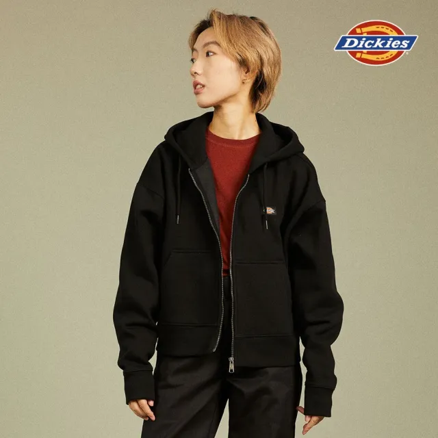 【Dickies】女款黑色抓絨經典三色Logo織標抽繩連帽外套｜DK012346BLK