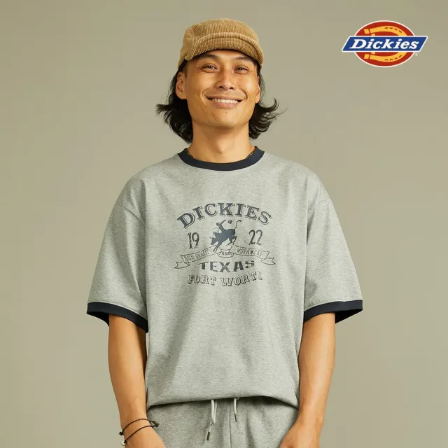 【Dickies】男女款羽灰色純棉胸前圖案印花撞色短袖T恤｜DK012307CQ8