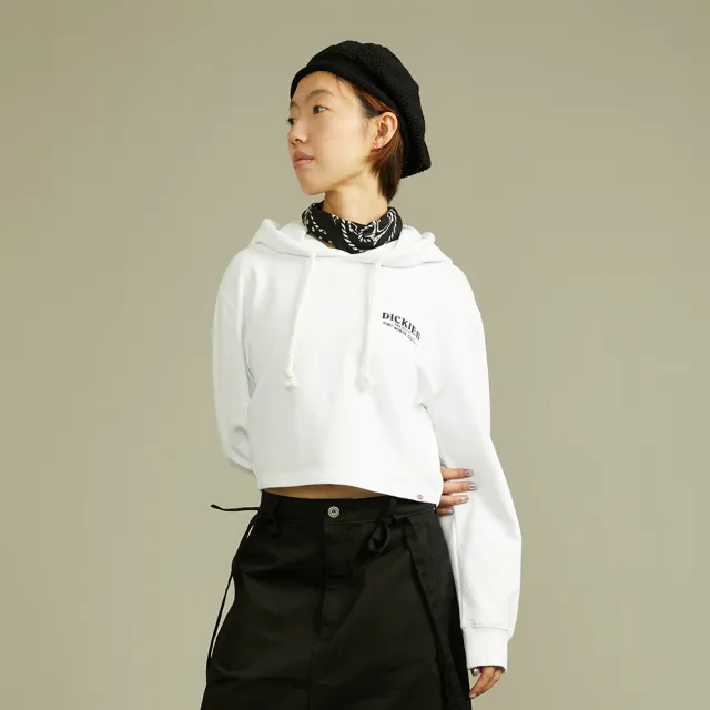 【Dickies】女款白色純棉品牌刺繡短版連帽大學T｜DK012326C4D