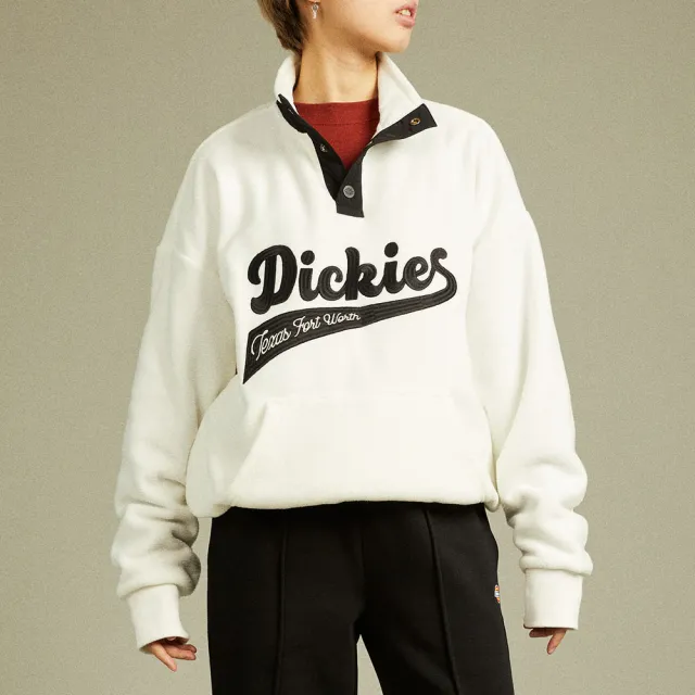 【Dickies】男款雪白色抓絨異材質拼接刺繡Logo立領大學T｜DK012295H25