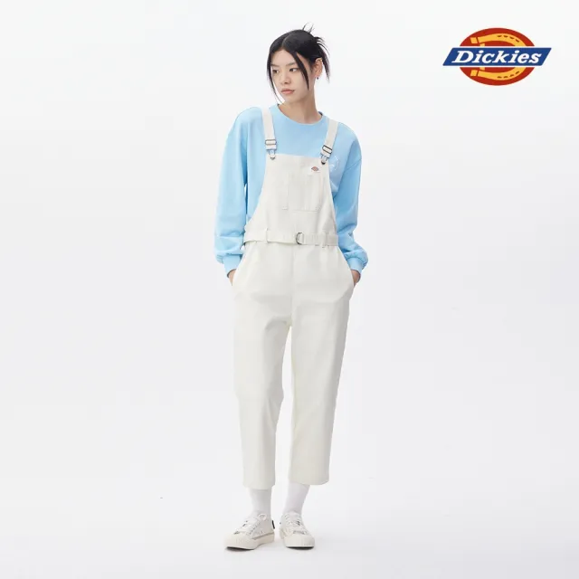 【Dickies】女款米白色斜紋水洗布料附腰帶吊帶長褲｜DK011610C48