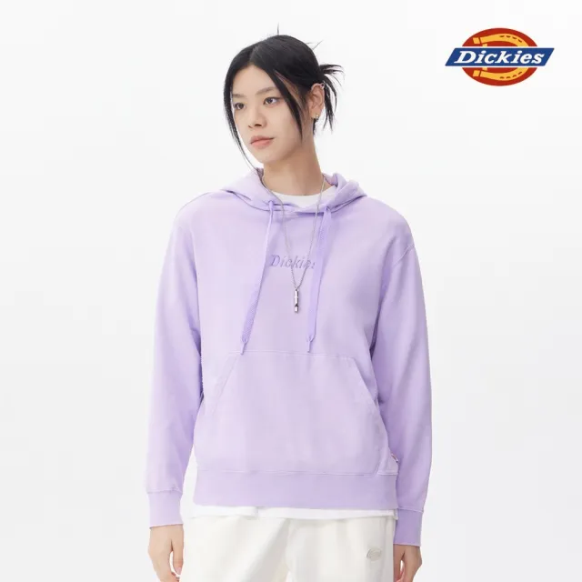 【Dickies】女款薔薇紫純棉胸前刺繡水洗效果落肩連帽大學T｜DK011605E61