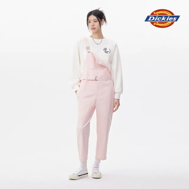 【Dickies】女款奶油粉斜紋水洗布料附腰帶吊帶長褲｜DK011610A71