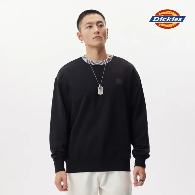 【Dickies】男款黑色純棉胸前Logo小標誌緹花領口大學T｜DK011516BLK