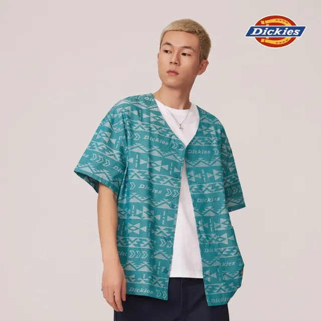 【Dickies】男款深湖綠民族風印花純棉滿版緹花無領短袖襯衫｜DK011532F79