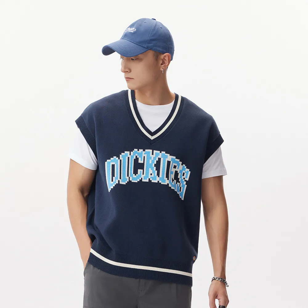 【Dickies】男款深海軍藍純棉撞色V領休閒針織背心｜DK011522CG7