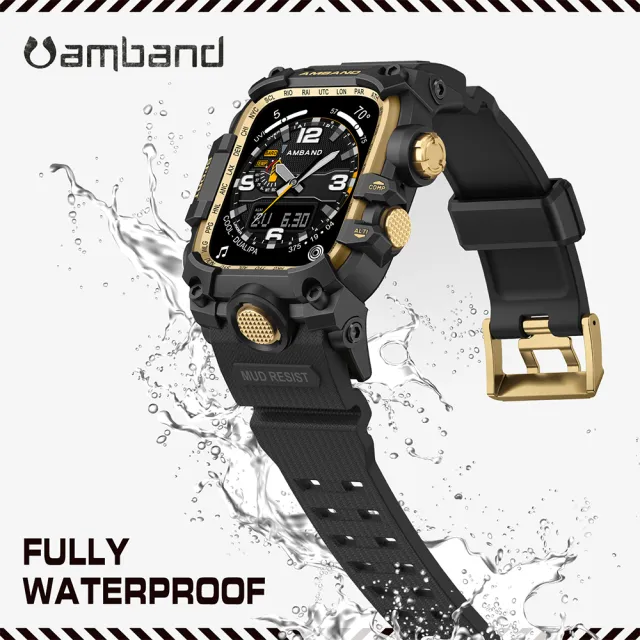 【Amband】Apple Watch 專用保護殼 ☆ M3 美國鋼鐵特攻軍規 黑金TPU錶帶(45mm - Apple Watch 9 / 8 / 7)