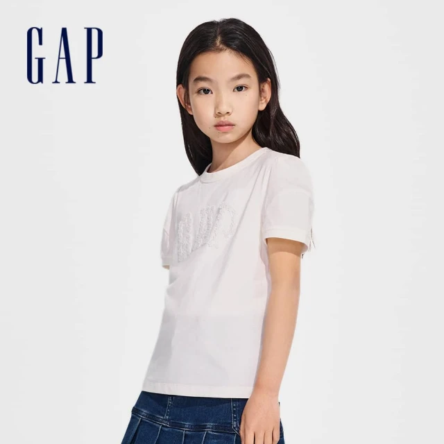【GAP】女童裝 Logo純棉印花圓領短袖T恤-白色(890395)