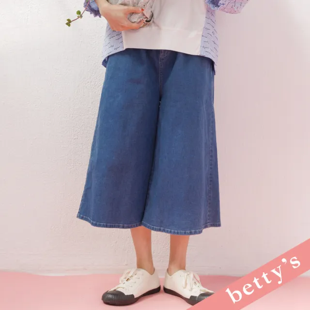 【betty’s 貝蒂思】腰鬆緊逗號刺繡牛仔七分寬褲(藍色)