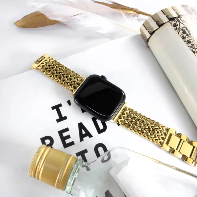 Watchband Apple Watch 全系列通用錶帶 蘋果手錶替用錶帶 立體心字 折疊扣不鏽鋼錶帶(金色)