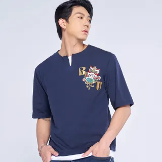 【BLUE WAY】男裝 棒系列醒獅達摩假兩件V領 短袖 上衣-日本藍