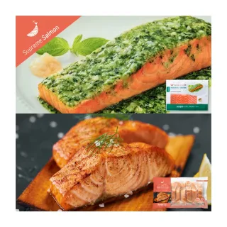 【美威鮭魚】輕鬆料理系列2件組(精選鮭魚菲力 羅勒鹽麴 + 鮭魚菲力8入組)