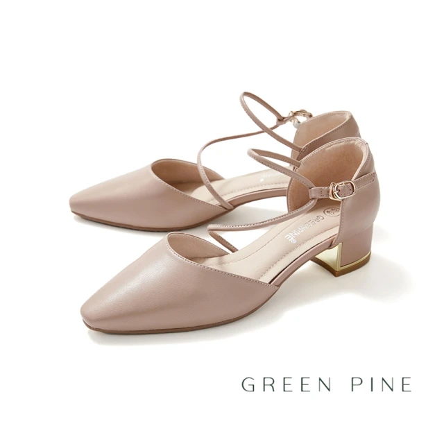 GREEN PINE 優雅牛皮S曲線金屬粗跟鞋粉紅色(005