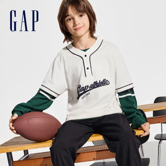 【GAP】男童裝 Logo純棉亨利領短袖T恤-奶白色(890544)